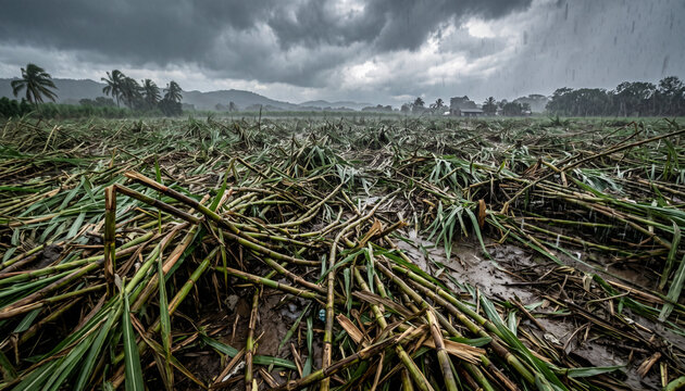 Tropical storm gusts damage sugarcane crop in fields during heavy rain