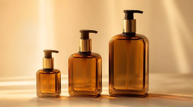 Three amber glass bottles with pump dispensers arranged in size order.