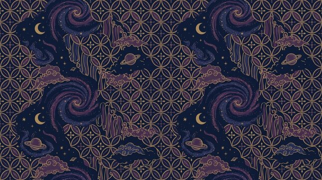Unique Seamless Indonesian Batik Pattern with Cosmic Galaxy and Celestial Motifs