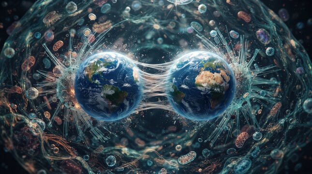 Cellular Mitosis Represented as Two Identical Planets Dividing