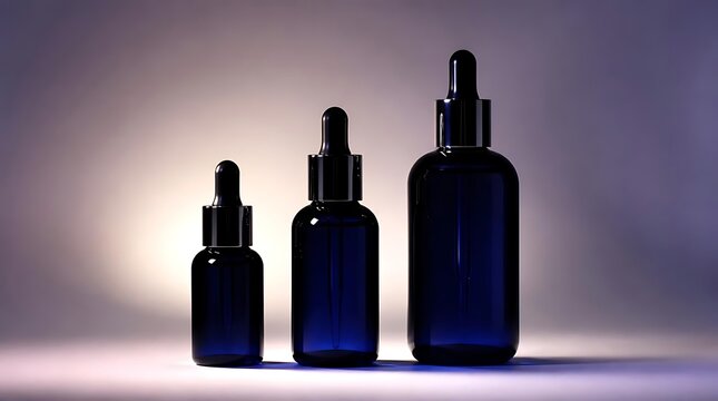 Three dark blue glass dropper bottles of varying sizes arranged in a row on a light surface with a gradient background.