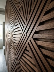 Naklejka premium Modern Geometric Wood Wall Panel with Intricate Slatted Pattern for Interior Design and Architectural Decor