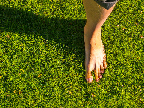 Bare Foot Stepping on Green Grass in Bright Sunlight