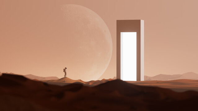 Futuristic Mars exploration with astronaut and technology in desert