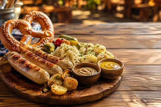 Traditional German meal with grilled sausages, pretzel, sauerkraut and mustard on wood.