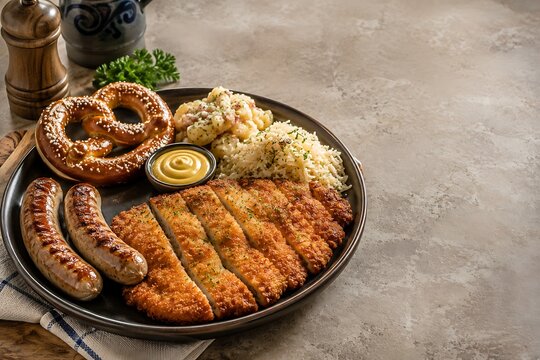 Traditional German Schnitzel Platter with Sausages, Pretzel, and Potato Salad