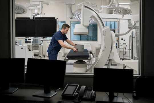 Biomedical engineer calibrating C-arm imaging system in hospital