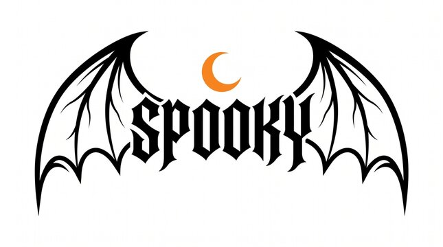 Spooky text design with black vampire bat wings and a small orange crescent moon isolated on white background