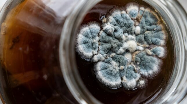 A detailed close-up macro shot of mold growing on the surface of tea representing spoilage decay and the importance of food preservation and hygiene. mold on the surface of tea close up macro globe