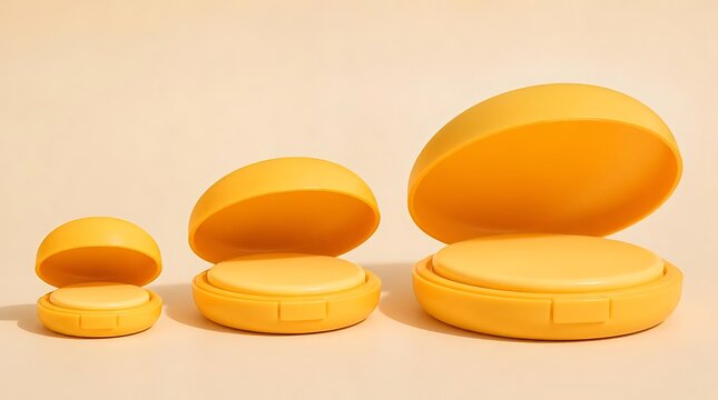 Three open yellow cosmetic powder compacts in ascending size order on a neutral background.
