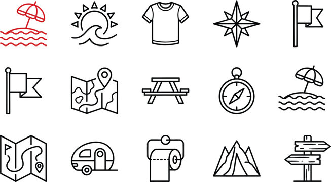 Summer camping and outdoor adventure thin line icon set for travel, tourism, and vacation design