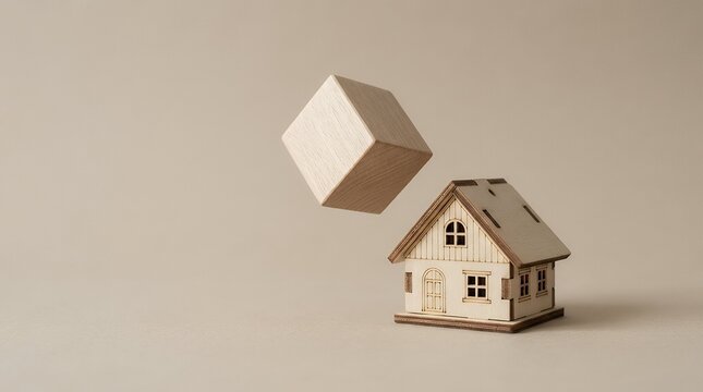 A wooden block falling towards a miniature home model symbolizing the fragility of real estate investment and the risks associated with mortgages refinancing house loans debt interest rates insurance