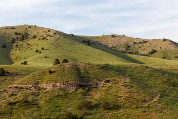 Fototapeta premium Rolling green hills under a soft blue sky