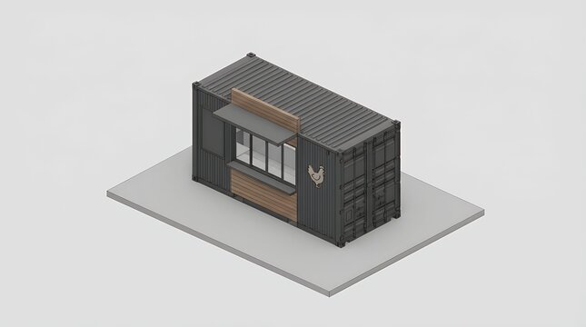 An isometric view minimal fried chicken restaurant container store exterior architecture visualization showing an isometric view of a minimal fried chicken restaurant container store exterior