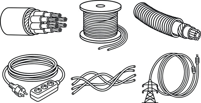 Electrical cable and wire outline icon set with industrial spool extension cord power line elements