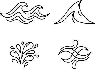 Fototapeta premium Sea water waves outline icon set with ocean surf splashes and liquid fluid design elements