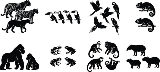 Naklejka premium Black Silhouette Wildlife Animal Icons Set Featuring Big Cats Birds Primates and Amphibians