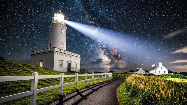 Lighthouse guiding light amidst starry night sky landscape scene