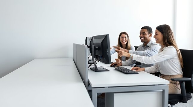 A group of happy computer programmers working together visualization showing a group of happy computer programmers working together on desktop PCs at a corporate office cooperating while working on