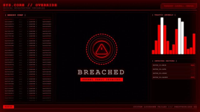 Critical infrastructure breached kernel panic hacker red screen.