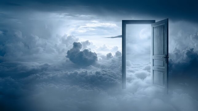 A Surreal and Dreamlike Image of an Open Door Leading to a Vast and Beautiful Cloudscape Inviting Viewers to Step Into a World of Imagination Possibility and Mental Escape open door to cloudscape