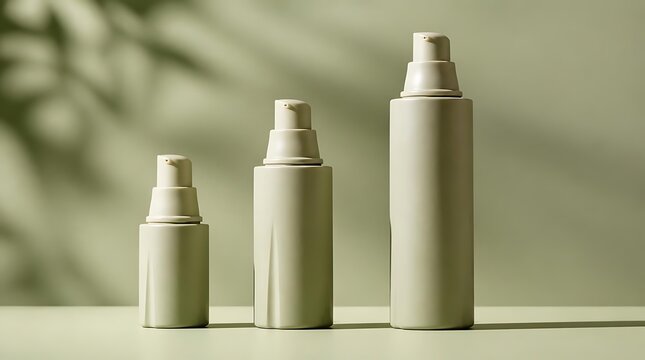 Three minimalist cosmetic bottles with natural light and shadow on a green background.