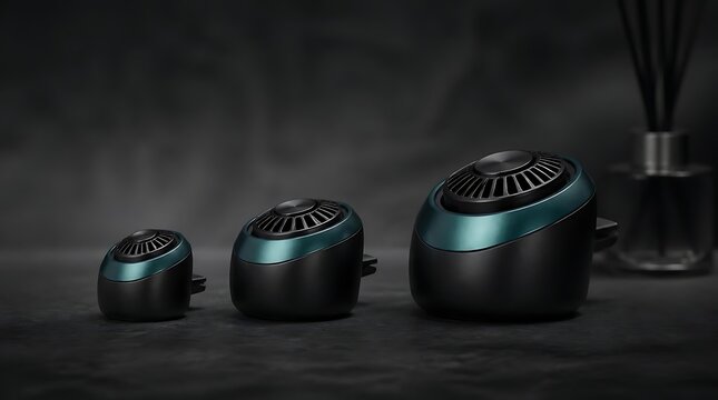 Three modern car air fresheners in different sizes on a dark background.