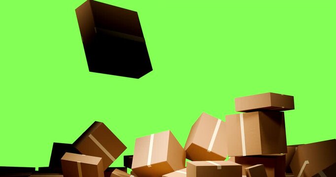 Stack of brown cardboard boxes collapsing to reveal green screen background in dark warehouse