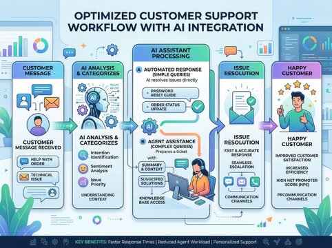 Optimized customer support workflow diagram with artificial intelligence icons