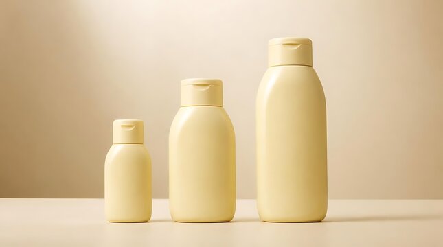 Three light yellow plastic bottles of varying sizes arranged in a row on a light surface with a textured background.