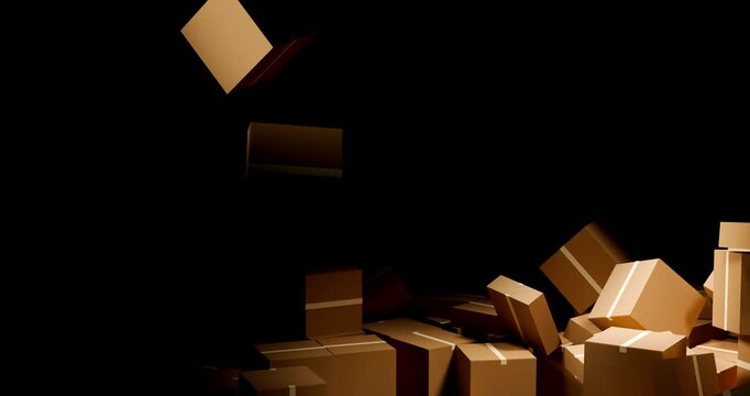 Huge stack of brown cardboard shipping boxes falling and collapsing in dark warehouse room
