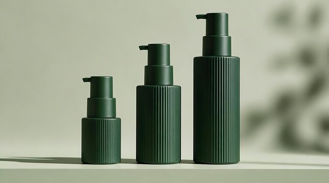 Three dark green ribbed cosmetic bottles with pump dispensers arranged in size order on a light surface with soft shadows.