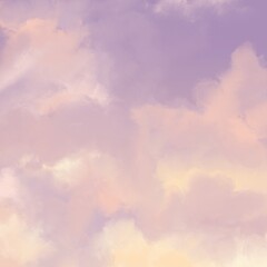 Obraz premium Soft pastel watercolor clouds in pink, lavender, peach and cream tones creating a dreamy atmospheric background with gentle artistic texture and spacious composition.