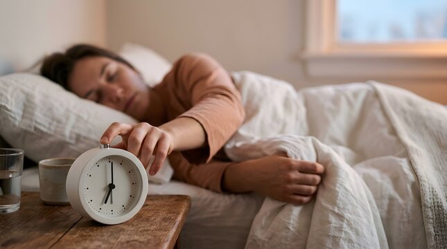 Sleepy young woman reaching hand to turn off ringing alarm clock on bedside table in cozy morning bedroom