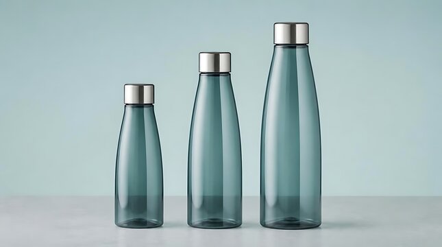 Three glass water bottles of varying sizes with silver caps on a light blue background.
