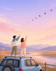 Naklejka premium Young Birdwatchers Pointing at Migrating Cranes from a Car Roof