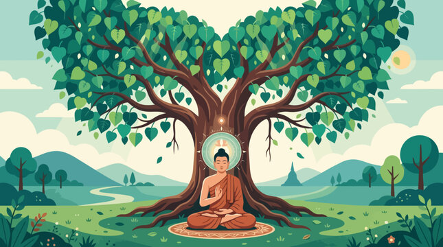 Buddha meditating under a large Bodhi tree.