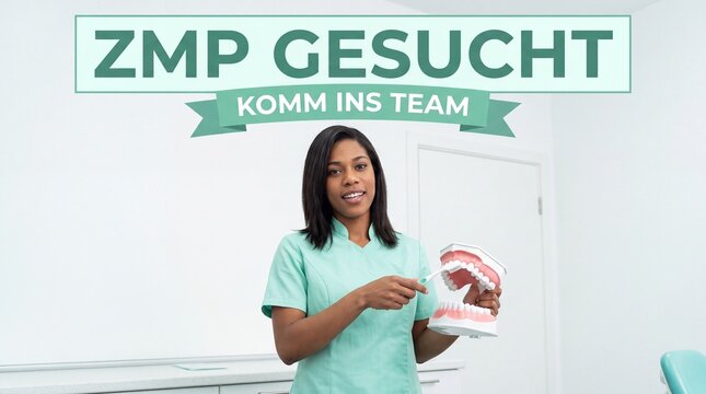 ZMP gesucht Komm ins Team Zahnarzthelferin erkl&auml;rt Zahnpflege am Modell