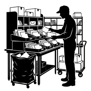Postman sorting mail and letters at postal distribution center counter