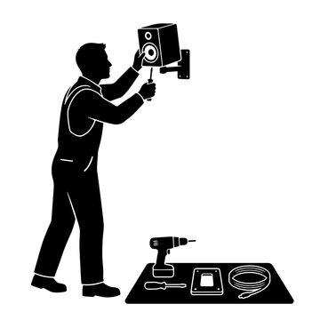 Handyman installing wall mounted audio speaker with screwdriver and tools