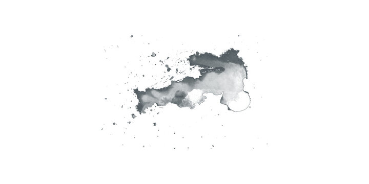 Gray Watercolor Stain Splash with Splatter Isolated on White Background, Abstract Ink Blot Texture for Design, Card, and Decorative Art Projects