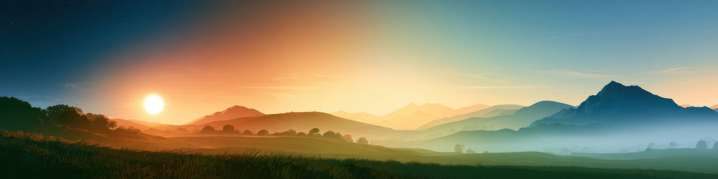 panoramic mountain landscape at sunset with vibrant sun glowing over rolling hills misty valleys and dramatic golden horizon perfect for nature backgrounds wide banners and serene scenic backdrops