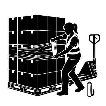Warehouse worker wrapping a pallet of cardboard boxes with stretch film
