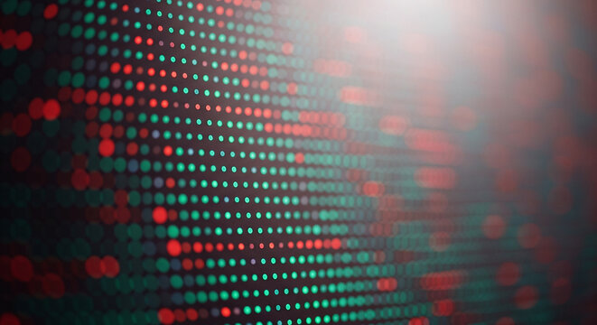 Abstract digital data background featuring glowing green and red dots with cinematic bokeh. Futuristic technology aesthetic, bright neon illumination, and modern cyber space concept.