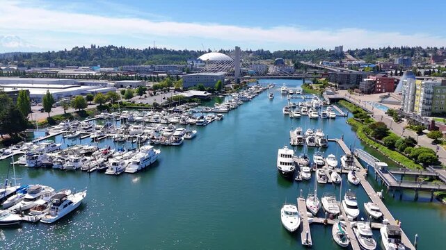 Aerial Marina Downtown Tacoma Washington Waterfront Bridge Fly Through