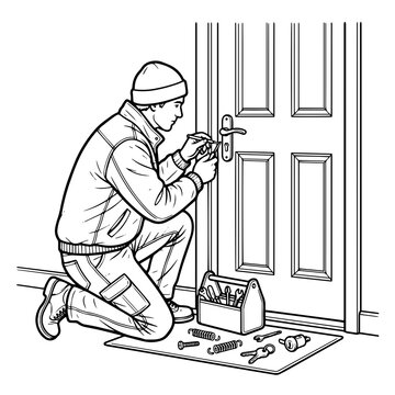 Locksmith kneeling by door repairing lock mechanism with tools outline