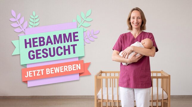 Hebamme gesucht Stellenanzeige mit Geburtshelferin und Neugeborenem im Krei&szlig;saal