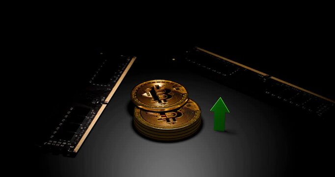 Gold bitcoin coins stacking with rising green arrow beside computer ram memory in dramatic dark room