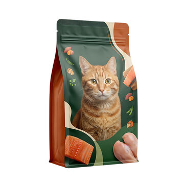 A sealed bag of dry cat food with a picture of a ginger cat and fresh meat ingredients on the packaging design for pet nutrition and healthy animal diet products