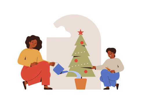 Family watering decorated xmas tree in the pot at home. Woman and child boy plant young fir for winter holidays. Reuse and growth houseplant at home conservation concept. Vector illustration